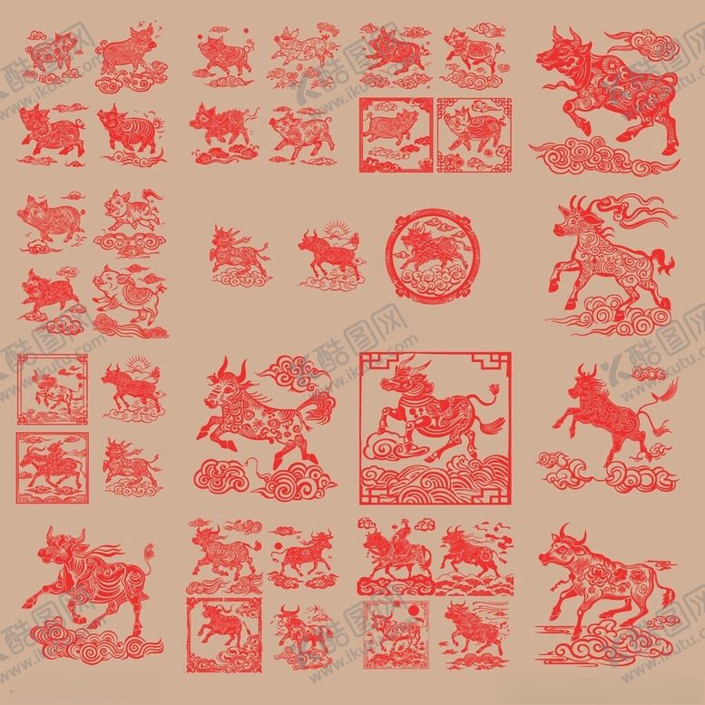 编号：23915102181609323289【酷图网】源文件下载-剪纸风牛猪素材