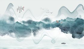 水墨山水小船背景墙