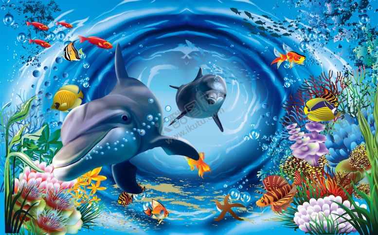 编号：59347609162232562903【酷图网】源文件下载-海底世界海豚背景墙