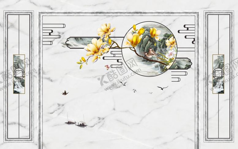 编号：81503609160200461417【酷图网】源文件下载-花鸟画玉兰背景墙