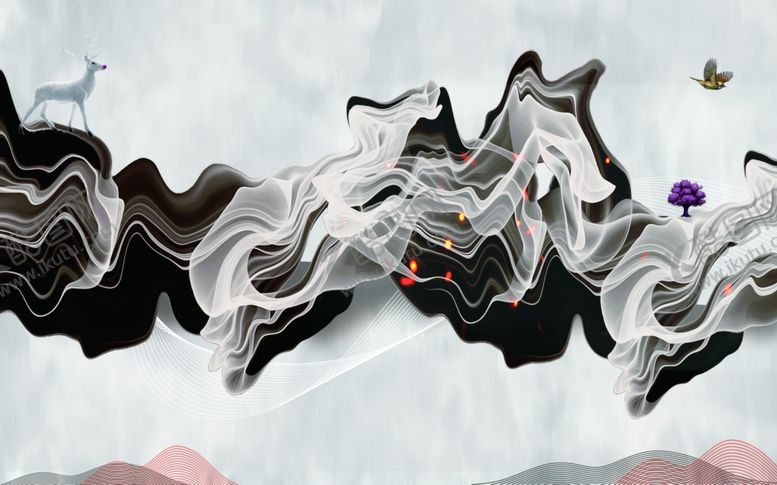 编号：72222906232042427481【酷图网】源文件下载-水墨画飘带飞鸟背景墙