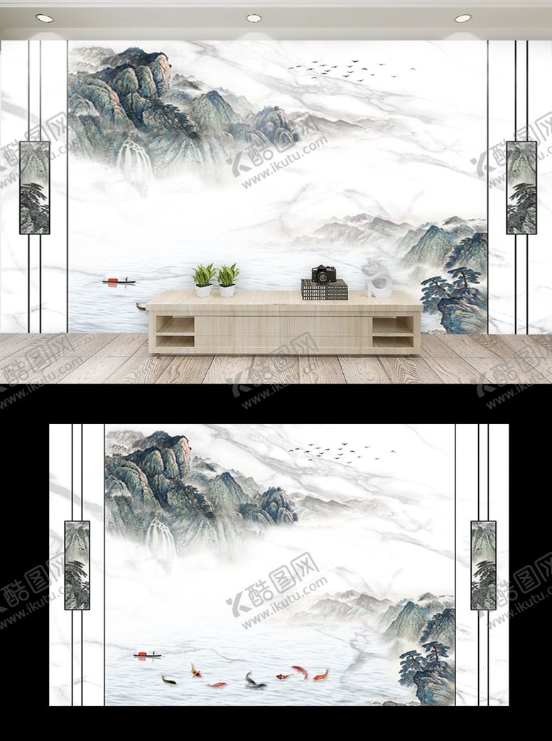 编号：19927709300814183183【酷图网】源文件下载-新中式手绘电视背景墙沙发背景墙