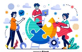 创意完成拼图的团队人物