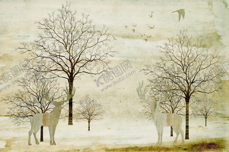 编号：38421206261610192728【酷图网】源文件下载-水墨画树鹿背景墙