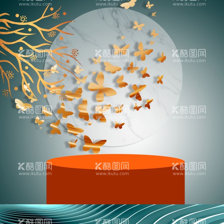 编号：63238111261317537912【酷图网】源文件下载-金箔蝴蝶几何时尚挂画装饰画