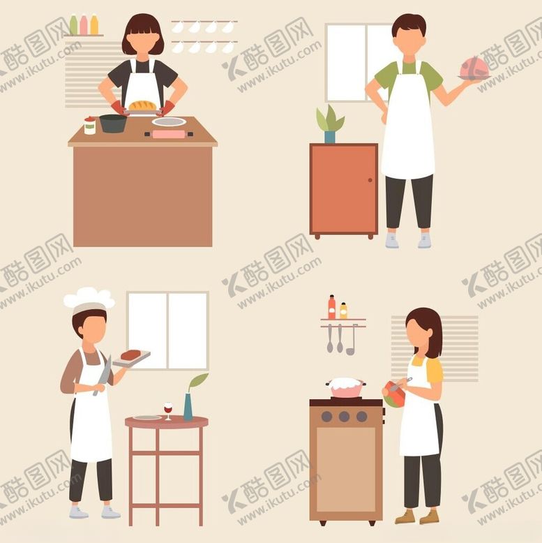 编号：32946605152335364272【酷图网】源文件下载-厨房中的烹饪人物场景