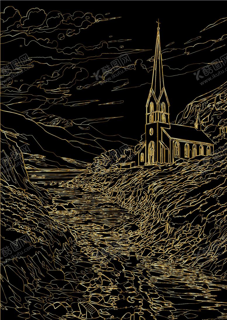编号：37711909081417173036【酷图网】源文件下载-黑暗山谷中的尖顶教堂